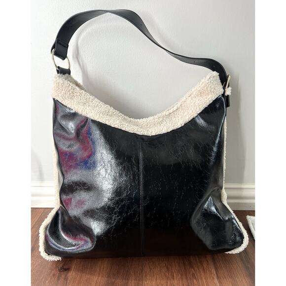 STEVE MADDEN Black Vegan Leather Shearling Extra Large Hobo Purse Bag Tote - Picture 7 of 13